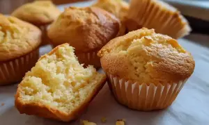 En grupp gyllene glutenfria muffins, en är uppdelad och visar en fluffig insida. Perfekt för fika!