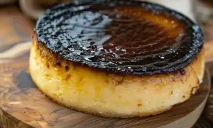 En krämig baskisk cheesecake med en mörk, karamelliserad yta, serverad på en träskärbräda.