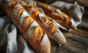 Tre nybakade baguetter med gyllene skorpa ligger på en linneduk. Perfekt för ett enkelt baguette recept.