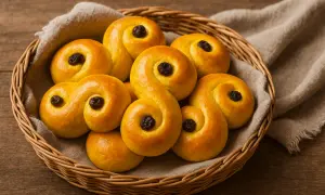 En korg fylld med saftiga lussebullar, redo att avnjutas.