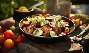 En härlig grekisk sallad med tomater, gurka, fetaost, oliver och rödlök, serverad utomhus i solsken.