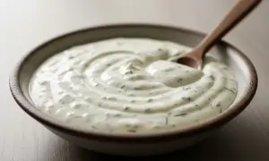 En skål med krämig ranch dressing, med en träsked som lyfter upp lite av den goda såsen. Perfekt till salladen!