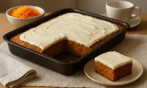 En saftig morotskaka i långpanna med krämig glasyr. En bit är upplagd på en tallrik, redo att avnjutas.