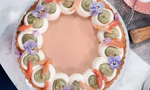 En vacker pannacotta med rabarber, dekorerad med grön kräm, maräng, violer och rabarberbitar.