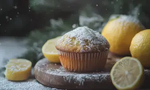 Citron cupcakes med florsocker, omgivna av färska citroner och granris. En vinterdröm av smak.