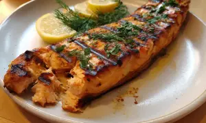 En saftig bit grillad lax med citronskivor och dill. Perfekt för en sommarkväll att grilla lax.