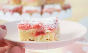 En bit hallonkaka med kokosflingor på en ljusrosa tallrik. Bakom syns fler bitar på ett fat.