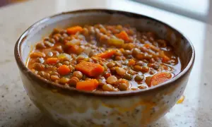 En skål med mustig linsgryta med morötter, perfekt för ett enkelt linsgryta recept.