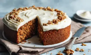 Saftig morotskaka med krämig frosting och valnötter. Perfekt för ett enkelt morotskaka recept.