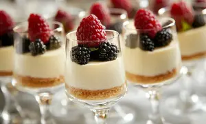 Flera glas med cheesecake, toppad med hallon och björnbär. En läcker dessert som passar perfekt till fikat.