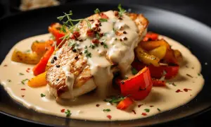 En saftig kycklingfilé med krämig pepparsås och rostade grönsaker. Ett perfekt pepparsås recept för en lyxig middag.