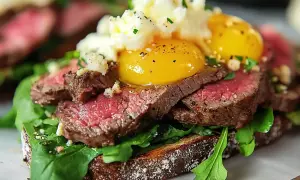 En lyxig bookmaker toast med saftigt biff, rucola, äggulor och ost. En riktig smakupplevelse!