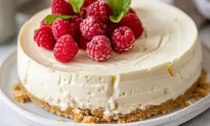En krämig fryst cheesecake toppad med färska hallon och myntablad. Perfekt för en sommarfest!
