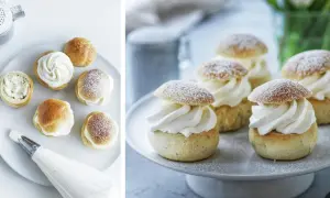 Färdigbakade semlor med fluffig grädde och pudrat florsocker. En härlig syn för alla som älskar att baka semlor!