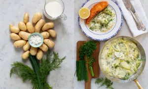 En härlig bild som visar ingredienser och färdig dillstuvad potatis med lax.
