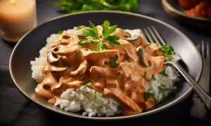 En krämig stroganoff med svamp och kött serveras över ris, garnerad med persilja. Ett mysigt recept för en middag.