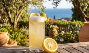 En uppfriskande yuzu drink med citron och rosmarin, serverad utomhus med havet i bakgrunden.
