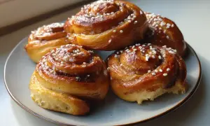 Färska kanelbullar med pärlsocker, redo att avnjutas. Ett perfekt kanelbulle recept för fikat.