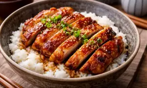 En skål med fluffigt ris toppad med saftig, glaserad teriyaki kyckling, strödd med sesamfrön och grön lök.