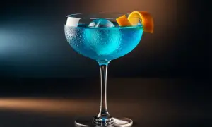 En svalkande blå lagun drink med en isboll och apelsinskal.