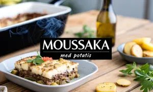 En portion moussaka med potatis, redo att avnjutas. Texten "MOUSSAKA med potatis" syns tydligt.