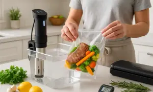 En person förbereder mat för sous vide lax med grönsaker i en vakuumpåse. En sous vide-stav är fäst vid en behållare med vatten.