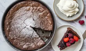Enkel tårta med choklad, pudrad med florsocker. En bit är upplagd med bär och vispgrädde bredvid.