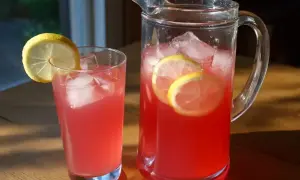 En karaff och ett glas med rosa rabarbersaft, is och citronskivor. Perfekt för ett svalkande rabarbersaft recept.