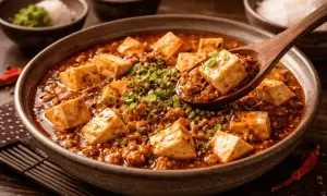 En sked lyfter upp en bit mapo tofu från en skål med kryddig gryta, toppad med salladslök.