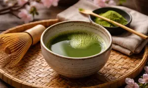 En skål med grön matcha, en bambuvisp och en skål med matchapulver. Perfekt för ett hemgjort chai syrup recept.