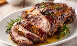 Saftig lammstek i ugn, perfekt stekt med rosmarin och serverad på ett fat.