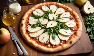 Pizza bianco med chèvre, päron och honung. En utsökt kombination av sött och salt.