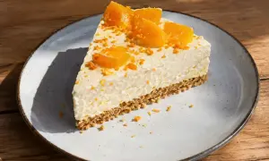 En bit krämig apelsincheesecake med kexbotten, toppad med apelsinklyftor och rivet skal. Ett perfekt cheesecake recept för fikat.