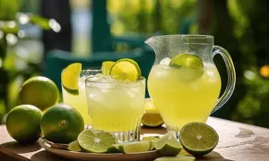 En kanna och glas med uppfriskande limejuice, perfekt för ett margarita recept. Färska limefrukter och is ger en somrig känsla.