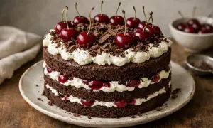 En läcker Schwarzwaldtårta med lager av choklad, grädde och körsbär. Perfekt för alla som älskar Schwarzwaldtårta recept.