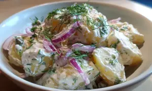 En skål med ljuvlig potatissallad recept, krämig med dill, rödlök och kapris. Perfekt till grillat!