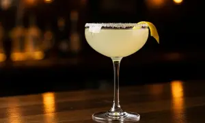 En elegant lemon martini med saltkant och citronskal på en träbar.
