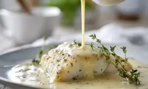 En bit vit fisk serveras med en krämig vitvinssås till fisk, garnerad med färsk timjan.