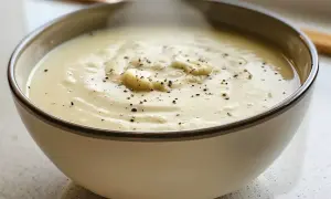 Krämig blomkålssoppa, perfekt för ett värmande blomkålssoppa recept. Toppad med peppar och små blomkålsbitar.