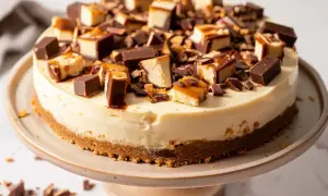En krämig daim cheesecake, toppad med bitar av choklad och karamell. En dröm för alla som älskar daim!