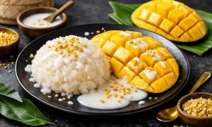 En tallrik med klibbigt ris, färsk mango och kokosmjölk. En utsökt mango sago-dessert.