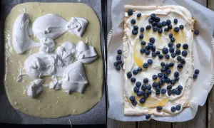 En marängbotten med citron frosting och blåbär. Till vänster, smeten redo för ugnen, till höger, färdig dekorerad.