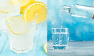 Frisk lemonad med citronskivor och is, samt en flaska som hälls upp sodavatten till drinkar.