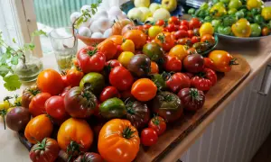 En stor samling färgglada tomater, redo att bli en härlig tomatsås i ugn.