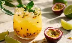 En uppfriskande Pornstar Martini med passionsfrukt och lime, garnerad med mynta.