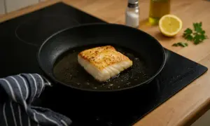 En bit saftig kokt torsk steks i en panna. Bredvid finns en citronklyfta, olivolja och persilja.