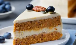En saftig bit vegansk morotskaka med krämig frosting, toppad med blåbär och pekannöt. En härlig fika!