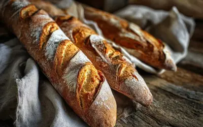 Tre nybakade baguetter med gyllene skorpa ligger på en linneduk. Perfekt för ett enkelt baguette recept.