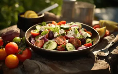 En härlig grekisk sallad med tomater, gurka, fetaost, oliver och rödlök, serverad utomhus i solsken.