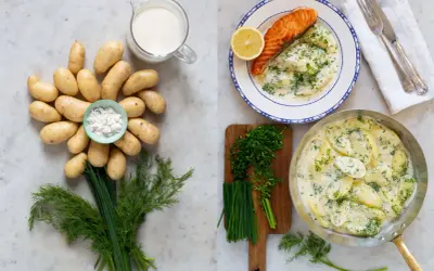 En härlig bild som visar ingredienser och färdig dillstuvad potatis med lax.